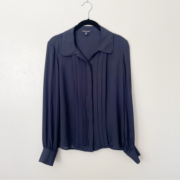 Brooks Brothers Tops - Brooks Brothers Silk Navy Blue Front Pleated Long Sleeve Button Down Blouse